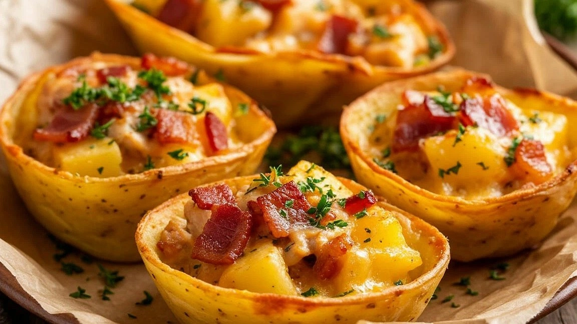 Порционное горячее в лодочках из пергамента: картошка, бекон, курица и сыр — и обалденное блюдо готово