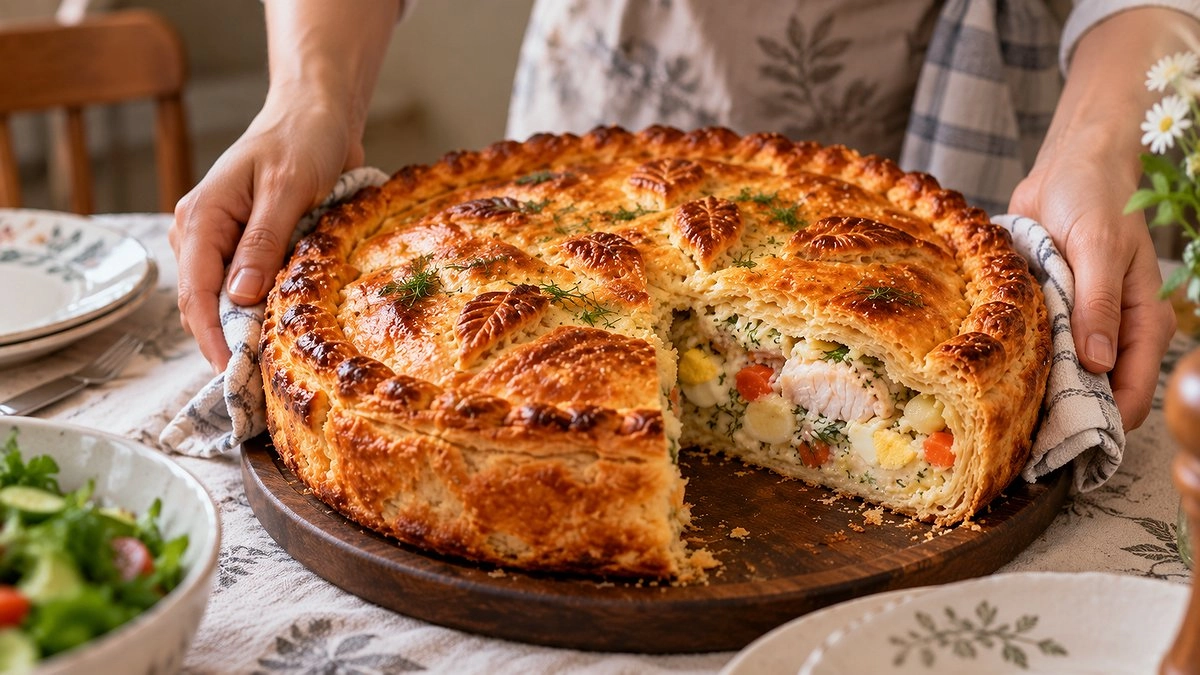 Пеку закрытый пирог с рыбой и овощами: сметанное тесто, сочная начинка — исчезает со стола тёплым