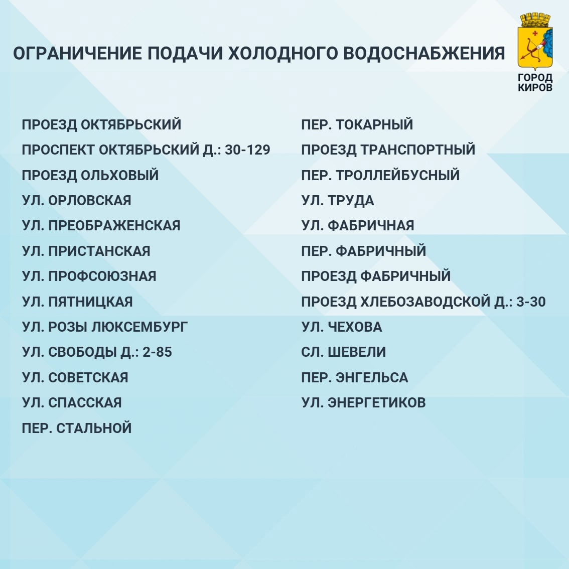 Больше полусотни домов в Кирове останутся без холодной воды | 27.10.2022 |  Киров - БезФормата